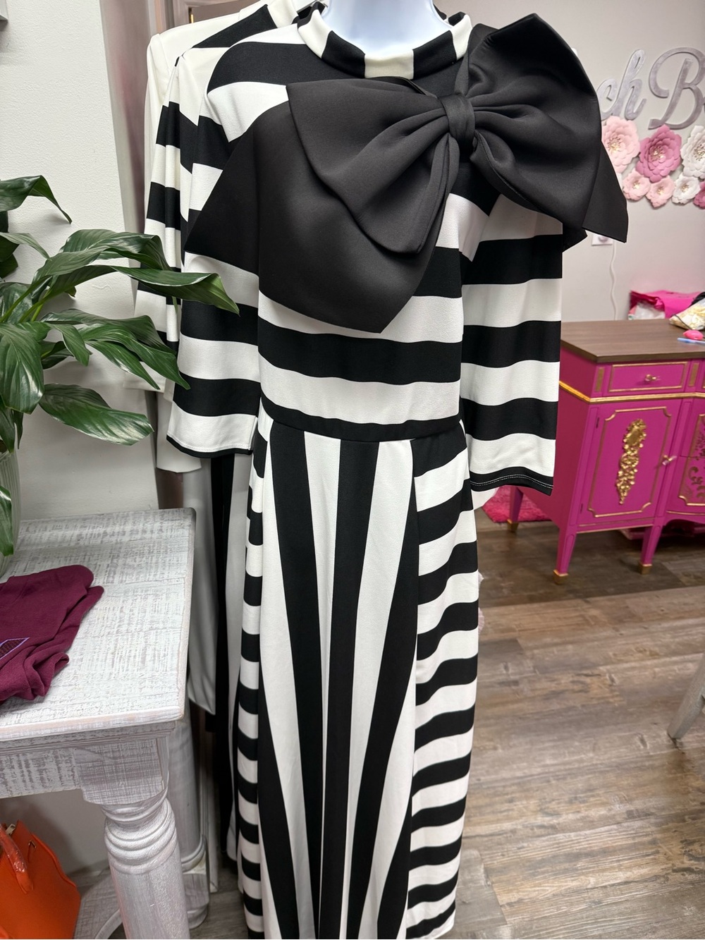 NEW Black & White Striped Fit-and-Flare Dress with Bow - Picture 3 of 3